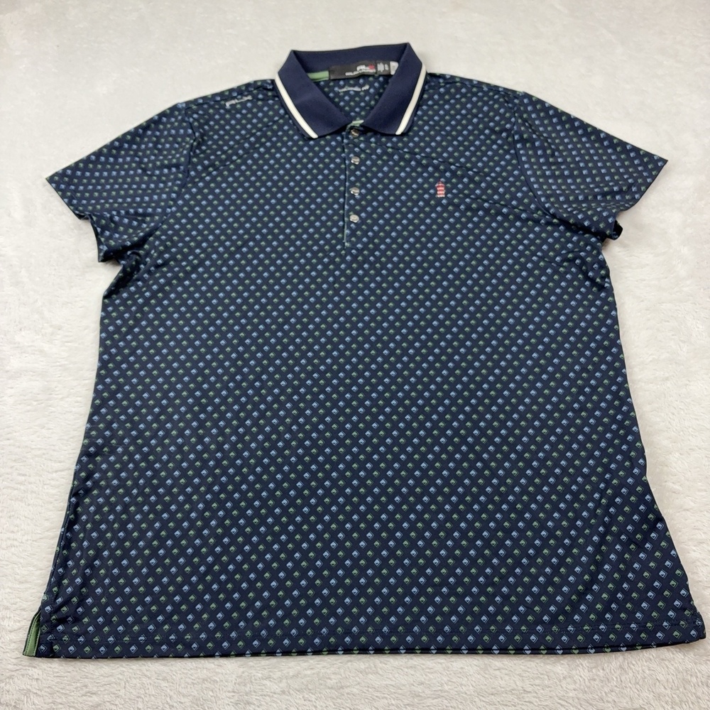 RLX Ralph Lauren Polo Shirt Women XL Blue Geometric Lighthouse Tailored Fit Golf
